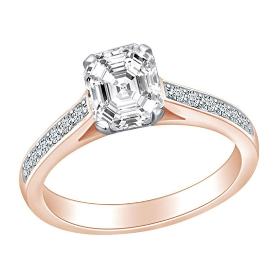 AFFY 3/4 Carat Radiant & Round White Natural Diamod Solitaire Engagement Ring In 14k Solid Rose Gold (0.75 Cttw) Ring Size-6