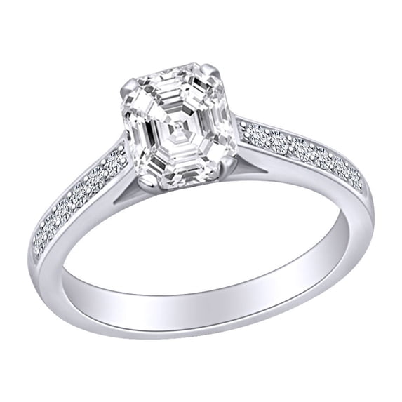 AFFY 3/4 Carat Radiant & Round White Natural Diamod Solitaire Engagement Ring In 14k Solid White Gold (0.75 Cttw) Ring Size-9
