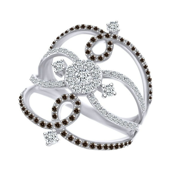 AFFY 3/4 Carat Round Brown & White Natural Diamond Fashion Engagement Ring In 14k White Gold (0.75 Cttw) Ring Size-5