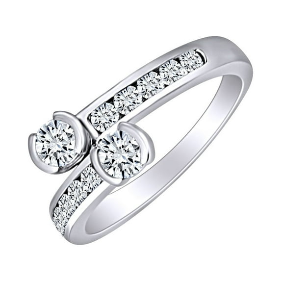 AFFY 3/4 Carat Round Shape White Natural Diamond Two Stone Bypass Engagement Ring 14k Solid White Gold (0.75 Cttw) Ring Size-8.5
