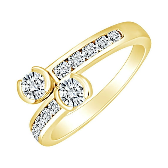 AFFY 3/4 Carat Round Shape White Natural Diamond Two Stone Bypass Engagement Ring 14k Solid Yellow Gold (0.75 Cttw) Ring Size-5.5