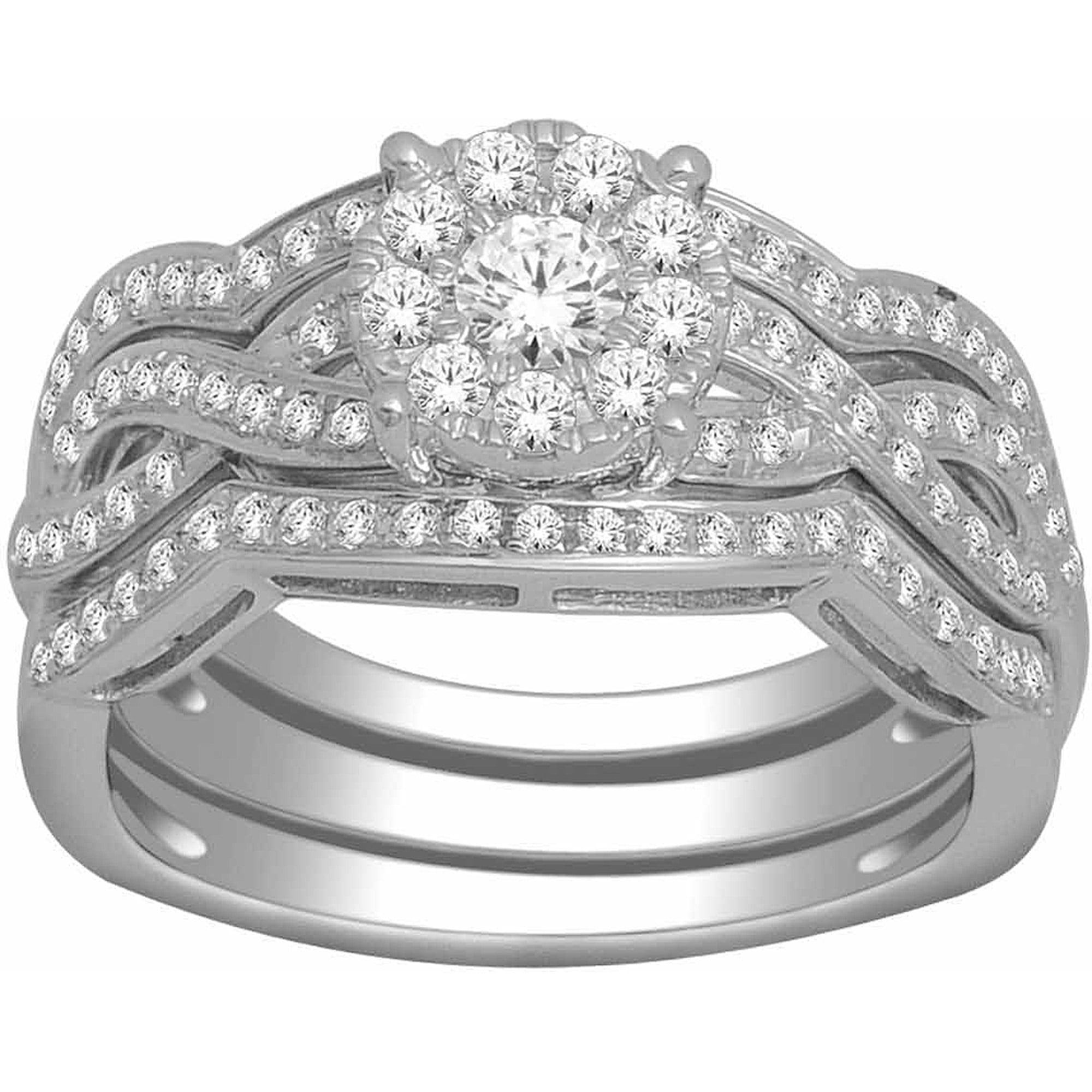 3/4 Carat T.W. Diamond 10kt White Gold Cluster Engagement Ring Set