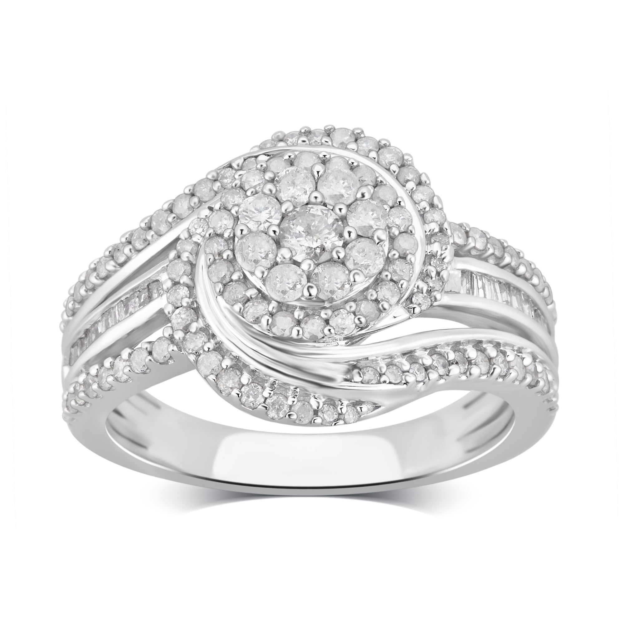 3/4 Carat T.W Diamond Cluster Sterling Silver Engagement Ring. (I-J/I2-I3)