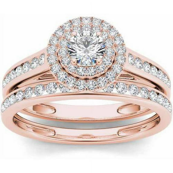 3/4 Carat T.W. Diamond Double Halo 10kt Rose Gold Engagement Ring Set