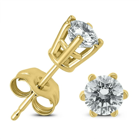 3/4 Carat TW 6 Prong Round Diamond Solitaire Stud Earrings In 14k Yellow Gold (K-L Color, I2-I3 Clarity)