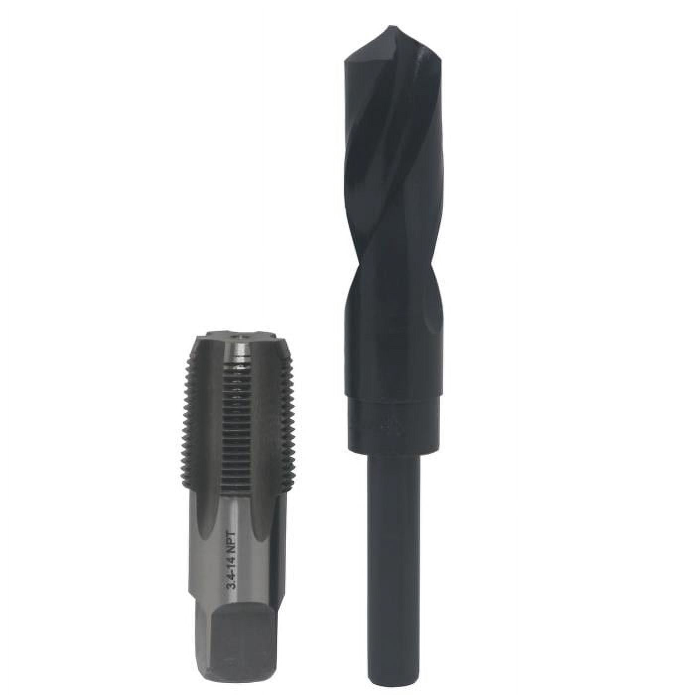 3/4" Carbon Steel NPT Tap and 59/64" HSS Drill Bit in plastic pouch. 59/64" drill bit has 1/2" shank.