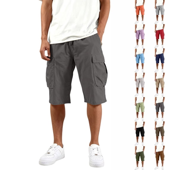 3/4 Cargo Capri Shorts for Men Lightweight Elastic Drawstring Waist Bottoms Multi Pocket Below Knee Outdoor Trousers, #01 Dark Gray, L