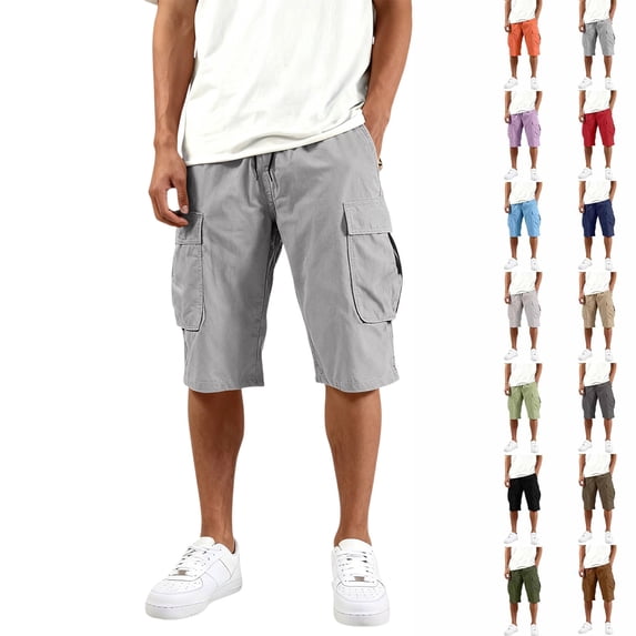 3/4 Cargo Capri Shorts for Men Lightweight Elastic Drawstring Waist Bottoms Multi Pocket Below Knee Outdoor Trousers, #01 Gray, M