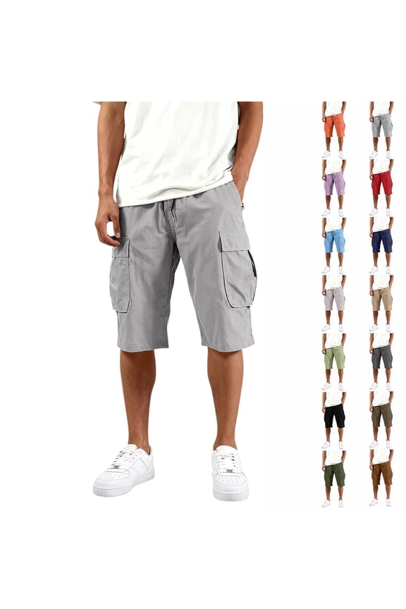 3/4 Cargo Capri Shorts for Men Lightweight Elastic Drawstring Waist Bottoms Multi Pocket Below Knee Outdoor Trousers, #01 Gray, XL