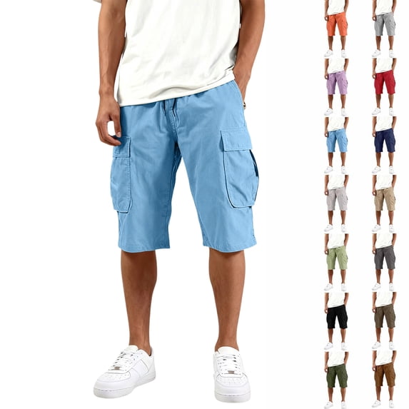3/4 Cargo Capri Shorts for Men Lightweight Elastic Drawstring Waist Bottoms Multi Pocket Below Knee Outdoor Trousers, #01 Sky Blue, M
