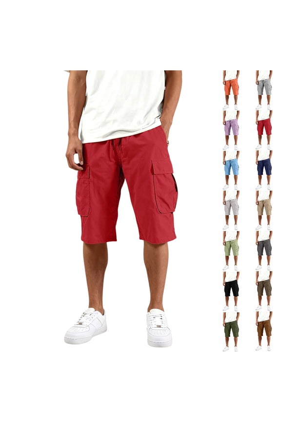 3/4 Cargo Capri Shorts for Men Lightweight Elastic Drawstring Waist Bottoms Multi Pocket Below Knee Outdoor Trousers, #01 Wine, XXL