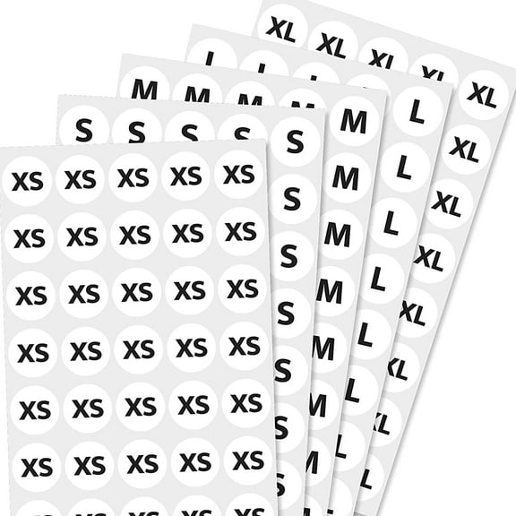 3/4" Clothing Size Round Stickers, White with Black Text, 40 Per Sheet, 10 Sheets of Each Size - XS S M L XL - 2000 Total Self-Adhesives by Toucan Craft Supplies