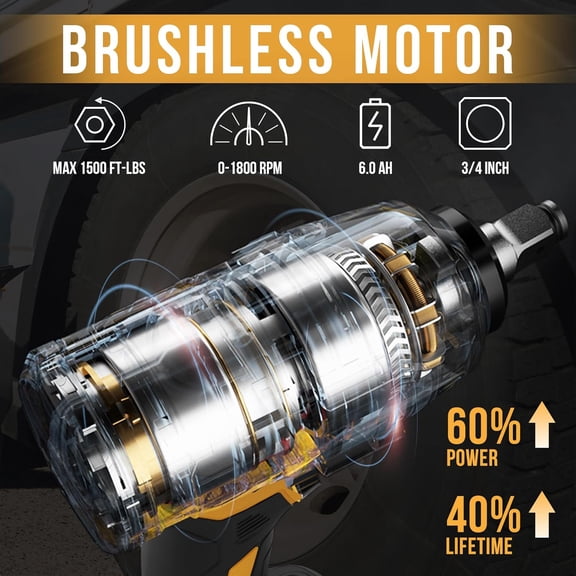 3/4 Cordless Impact Wrench 21V Heavy Duty Max 1500 Ft-lbs, Brushless Motor, High Torque Impact Gun with 6.0Ah Li-ion Battery and Charger & 3/4