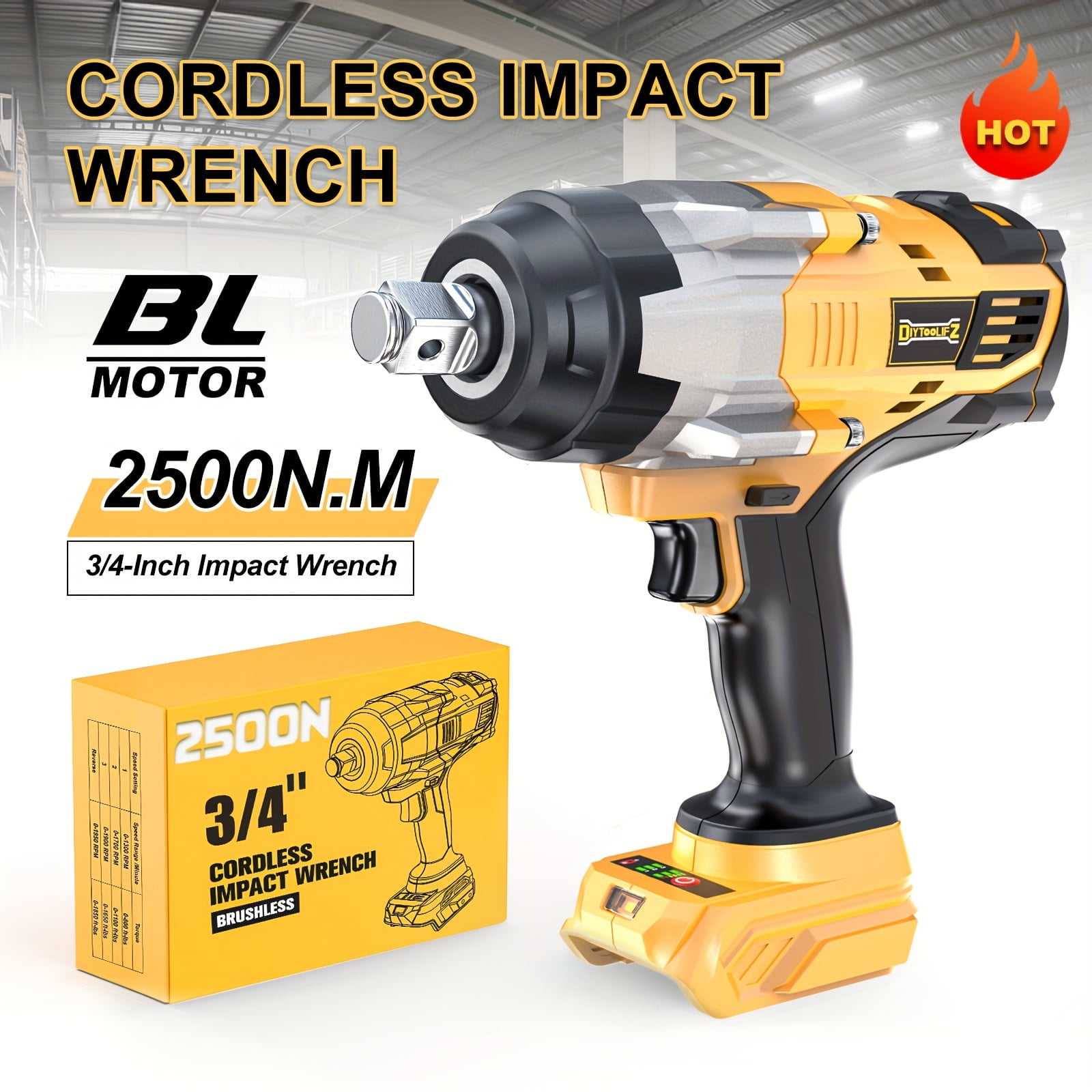 3/4" Cordless Impact Wrench Compatible with Dewalt 20V Battery: 1850FT-LBS(2500N.m) High Torque Impact Driver, Auto-Stop Reverse, 4-Speed Heavy Duty Impact for Car/Truck/Mower(Bare Tool)