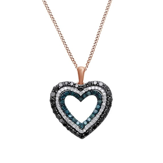 AFFY 3/4 Ct Blue, White & Black Natural Diamond Heart Pendant Necklace In 14K Solid Rose Gold