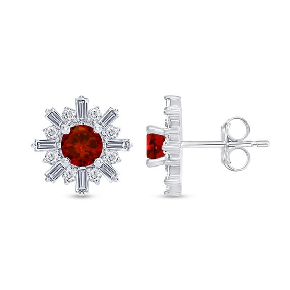 AFFY 3/4 Cttw Natural Round & Baguette Cut Diamond With Simulated Garnet Halo Flower Design Stud Earrings In 14K White Gold Over Sterling Silver (0.75 Cttw, I-J Color)