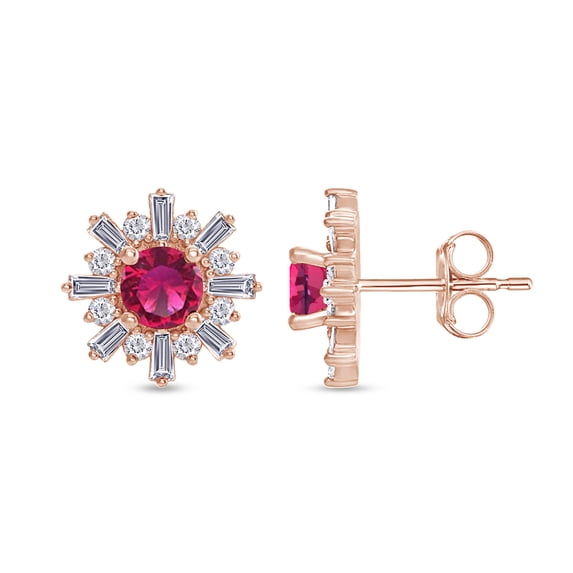AFFY 3/4 Cttw Natural Round & Baguette Cut Diamond With Simulated Ruby Halo Flower Design Stud Earrings In 14K Rose Gold Over Sterling Silver (0.75 Cttw, I-J Color)
