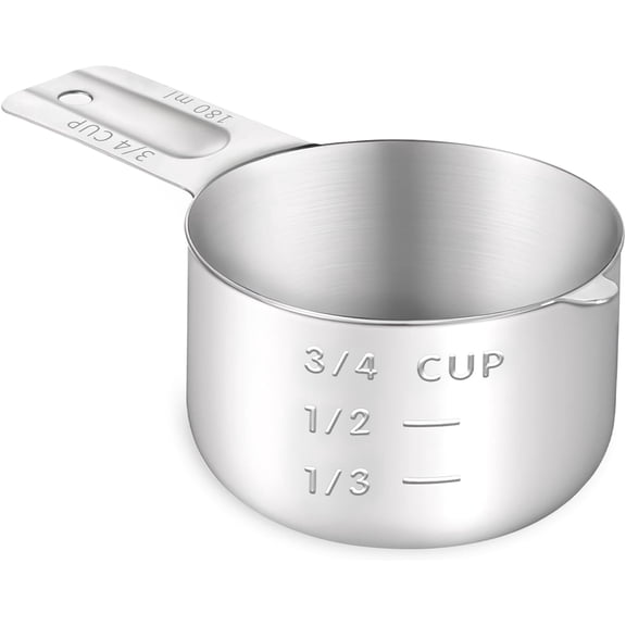 3/4 Cup (180ml, 6oz) Stainless Steel Measuring Cups Measure Scoop for Cooking Baking Coffee, Dishwasher Safe, Metric and US Measurement