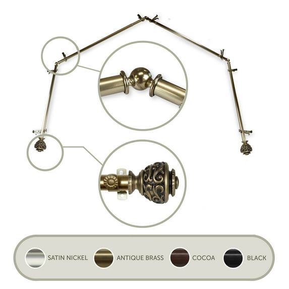 3/4" Dia Adjustable 4 Sided Bay Window Curtain Rod 28 to 48" (each side) in Antique Brass with Ingo Finials,(4Bay-89-4)
