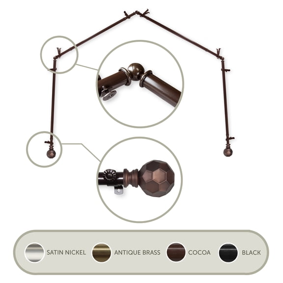 3/4" Dia Adjustable 4 Sided Bay Window Curtain Rod 28 to 48" (each side) in Cocoa with Ludmila Finials,(4Bay-90-7)