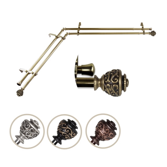3/4" Dia Adjustable Corner Window Double Curtain Rod 28 to 48" (each side) in Antique Brass with Ingo Finials,(4789-284-CR)