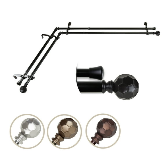 3/4" Dia Adjustable Corner Window Double Curtain Rod 28 to 48" (each side) in Black with Ludmila Finials,(4790-282-CR)
