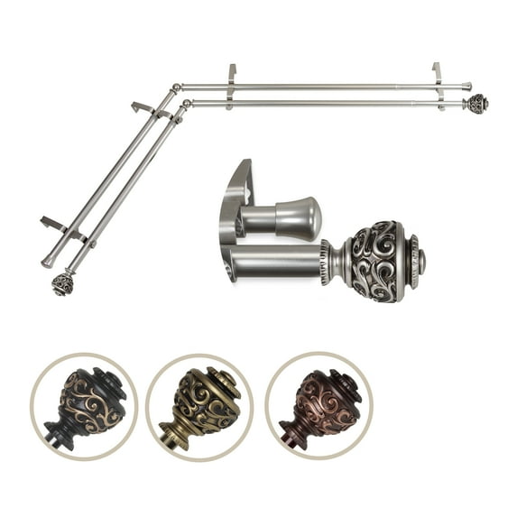 3/4" Dia Adjustable Corner Window Double Curtain Rod 28 to 48" (each side) in Satin Nickel with Ingo Finials,(4789-285-CR)