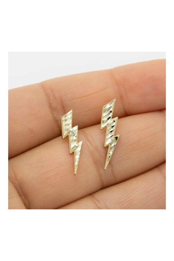 3/4" Diamond-Cut Lightning Bolt Unisex Adult Stud Earrings 10K Yellow Gold, 0.92 Gr Goldum NYC