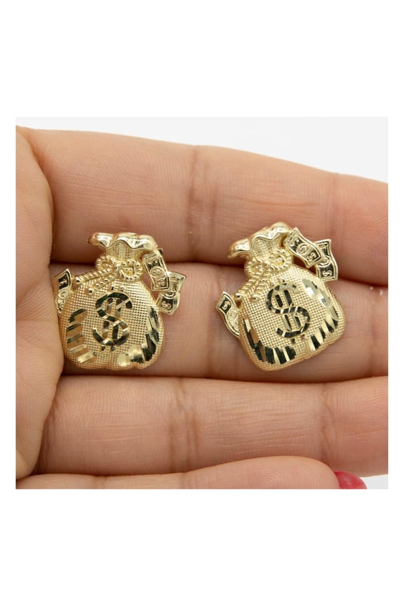 3/4" Diamond-Cut Money Bag Womens Adult Stud Earrings10K Yellow Gold, 3.25 Gr  Goldum NYC