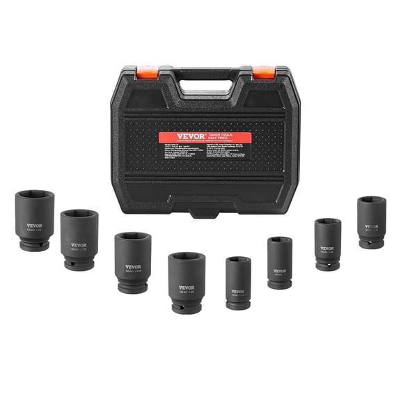 3/4 Drive 8 Piece SAE Axle Nut Impact Socket Set Deep 6 Point CR MO Heat Treated with Storage Case for Auto Repair