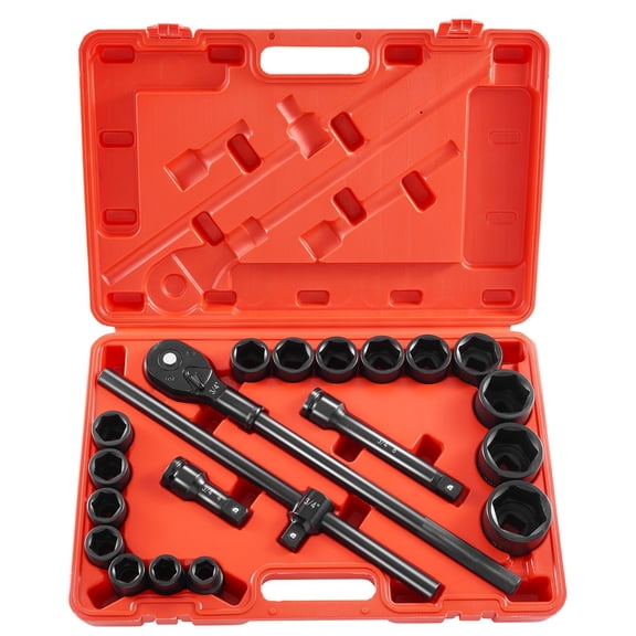 3/4" Drive Impact Socket Set, 21 Piece SAE Sizes 3/4" to 2", 6 Point CR-V Alloy Steel, with Storage Case, for Auto Repair