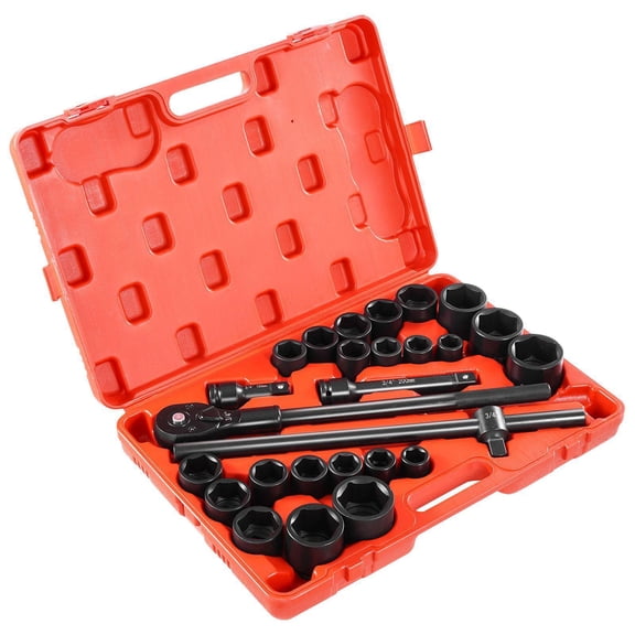 3/4 Drive Impact Socket Set 27 Piece SAE 7/8 to 2 Inch and Metric 22 to 50 mm 6 Point Cr-V Alloy Steel Auto Repair with Extension Bars Ratchet Handle Storage Case