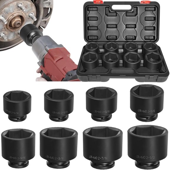 3/4'' Drive Spindle Axle Nut Socket Set, 8 Pack Large Socket Set, Axle Nut Socket Set, 6 Point SAE Size 2-1/16" to 2-1/2", For Wheel Hub Axle Nut Removal and Installation