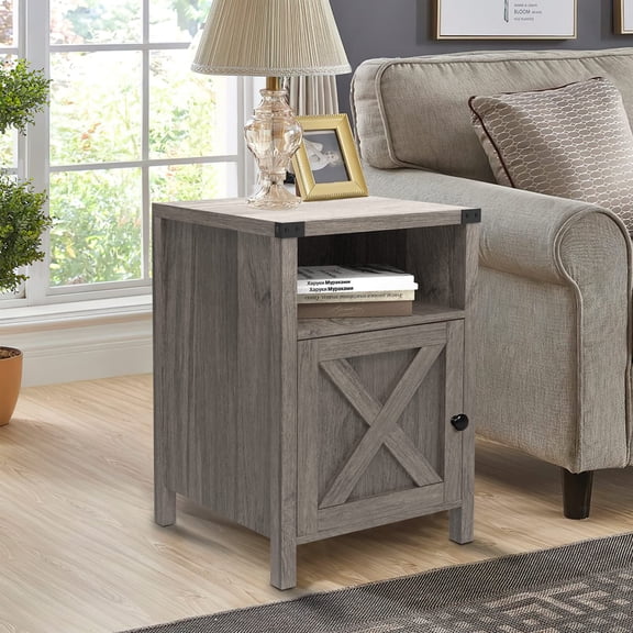 3. 4 EVER WINNER Farmhouse Barn Door Side Table, Rustic Gray End Table with Barn Door Storage, Industrial Bedside Table for Bedroom