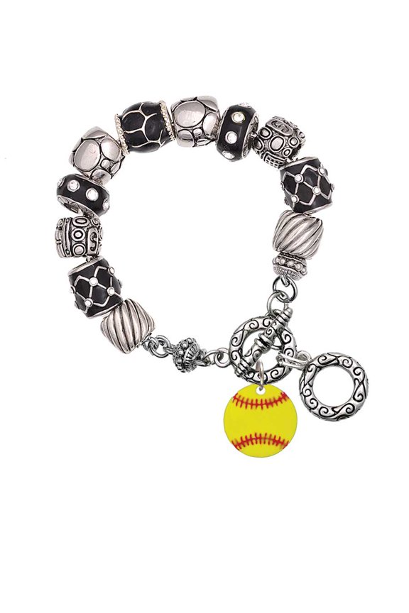 3/4'' Enamel Softball Black Pebble Bead Charm Bracelet