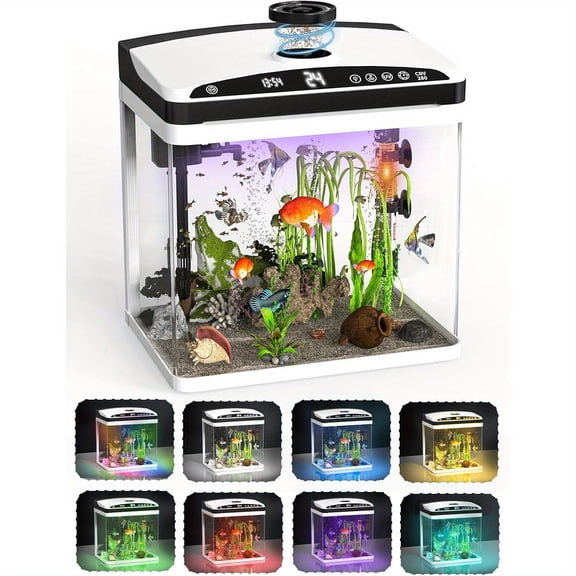 3.4 Gallon Aquarium Kit with UV-C Light, Digital Temperature Display, Thermometer, 7-Color LED Lighting, and Triple Filtration System for Betta Fish and Goldfish