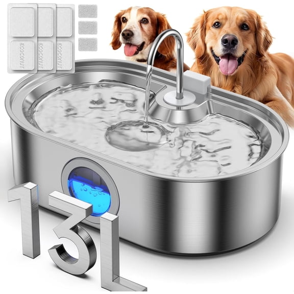 3.4 Gallon Dog Water Fountain with Stainless Steel Construction, Deeper Wider Drinking Area, Water Window, and 3 Filters