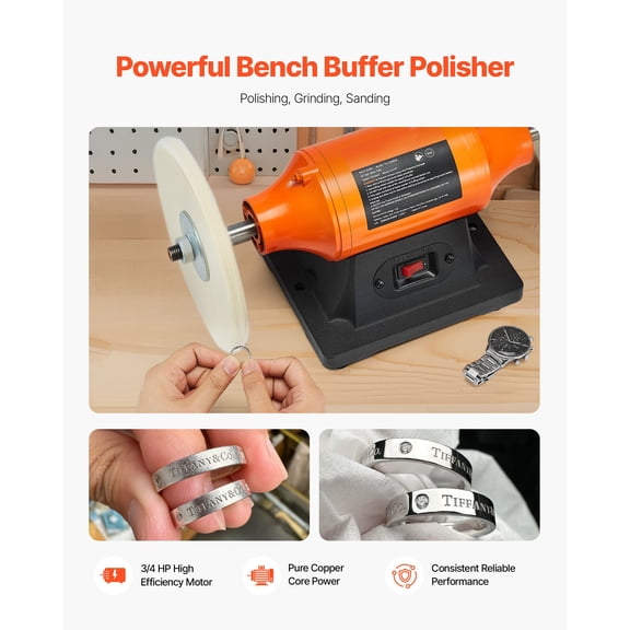 3/4 HP Bench Buffer Polisher 8 Inch Bench Polishing Buffing Machine 3450 RPM Single Speed Benchtop Polisher with 2 Cloth Wheels and Cast Iron Base for Metal Jewelry Wood Polishing