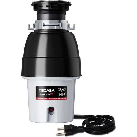 3/4 HP Garbage Disposals with Sound Reduction, TECASA Continuous Feed, Stainless Steel Food Waste Grinding System for Kitchen Sink Food Waste, Power Cord Included, Grey and Black, HyperCrush 75