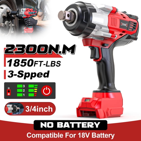 3/4" Heavy Cordless Impact Wrench Suitable for 18V Battery, 1850FT-LBS Torque & 3-Speed Motor with Auto-Stop Reverse, Compatible for Car Truck Home Mower Driver, Battery- Gift for Men (No Battery