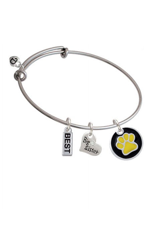 3/4'' Hot Yellow Paw in Black Circle Big Sister Heart Expandable Bangle Bracelet