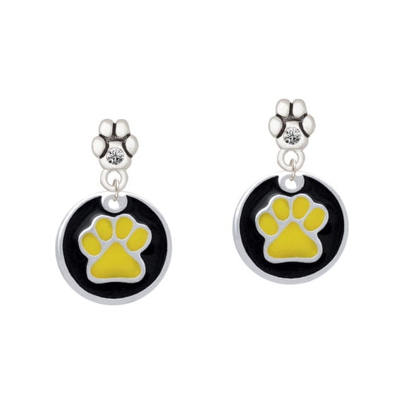 3/4'' Hot Yellow Paw in Black Circle - Clear Crystal Paw Earrings