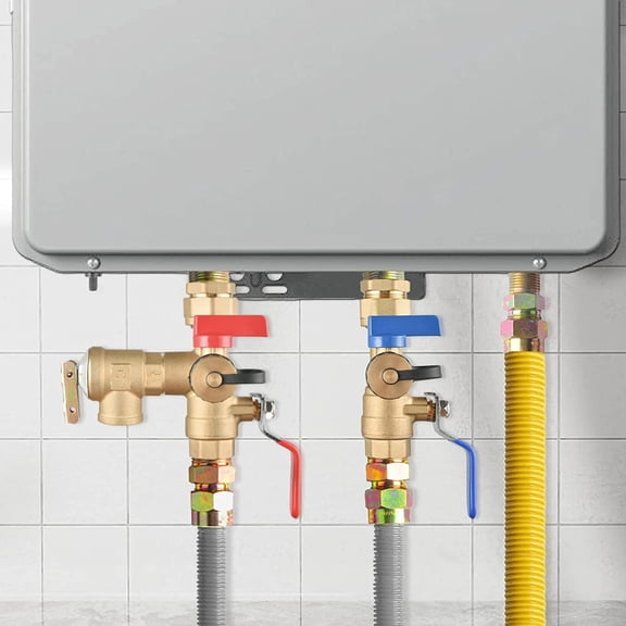 3/4" IPS Isolator Tankless Water  Service Valve Kit, with Pressure Relief Valve, Clean Brass Construction