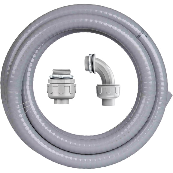 3/4 Inch 10 FT Liquid-Tight Conduit and Connector Kit Non Metallic Flexible Conduit Electrical Kit - 1 Straight and 1 Angle Fittings Included for Electrical Wiring