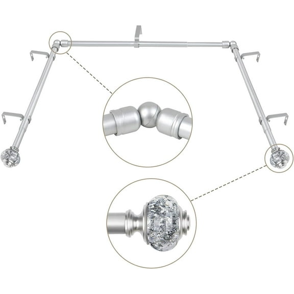 3/4 Inch Bay Window Curtain Rods, Telescoping Silver Curtain Rods for Bay Windows 36 to 72 Inches (Center Rod), 20 to 36 Inch (Side Rods), Translucent Finials