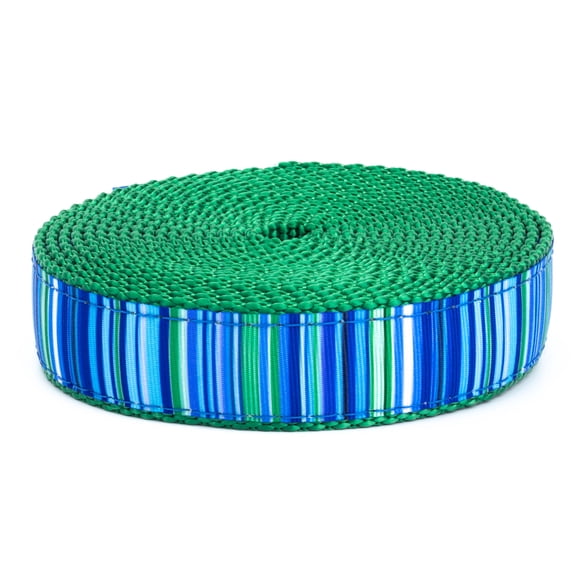 Country Brook Design® 3/4 Inch Blue Serape Ribbon on Christmas Green Nylon Webbing, 5 Yards