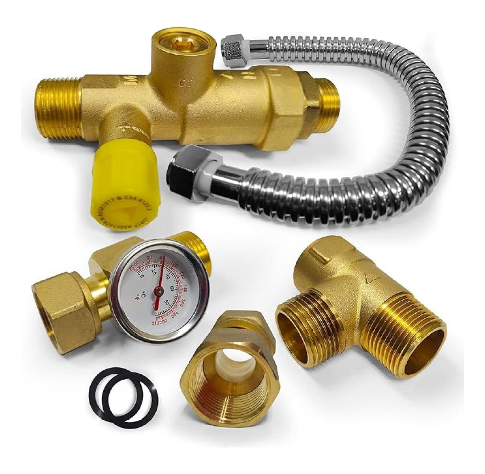 3/4 Inch Booster Water Heater Thermostatic Mixing with Corrugated Hose and temperature gauge, PEX Pipe, PE-RT, CPVC, Copper