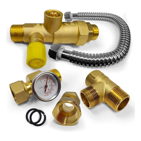3/4 Inch Booster Water Heater Thermostatic Mixing with Corrugated Hose and temperature gauge, PEX Pipe, PE-RT, CPVC, Copper