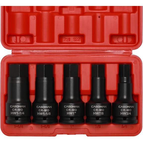 3/4 Inch Drive Impact Hex Driver Set, 5-Pieces, SAE, 3/4", 7/8", 1", 1-1/8", 1-1/4", 3/4" Drive Master Impact Hex Bit Set, CR-MO, Impact Grade, One-Piece Construction