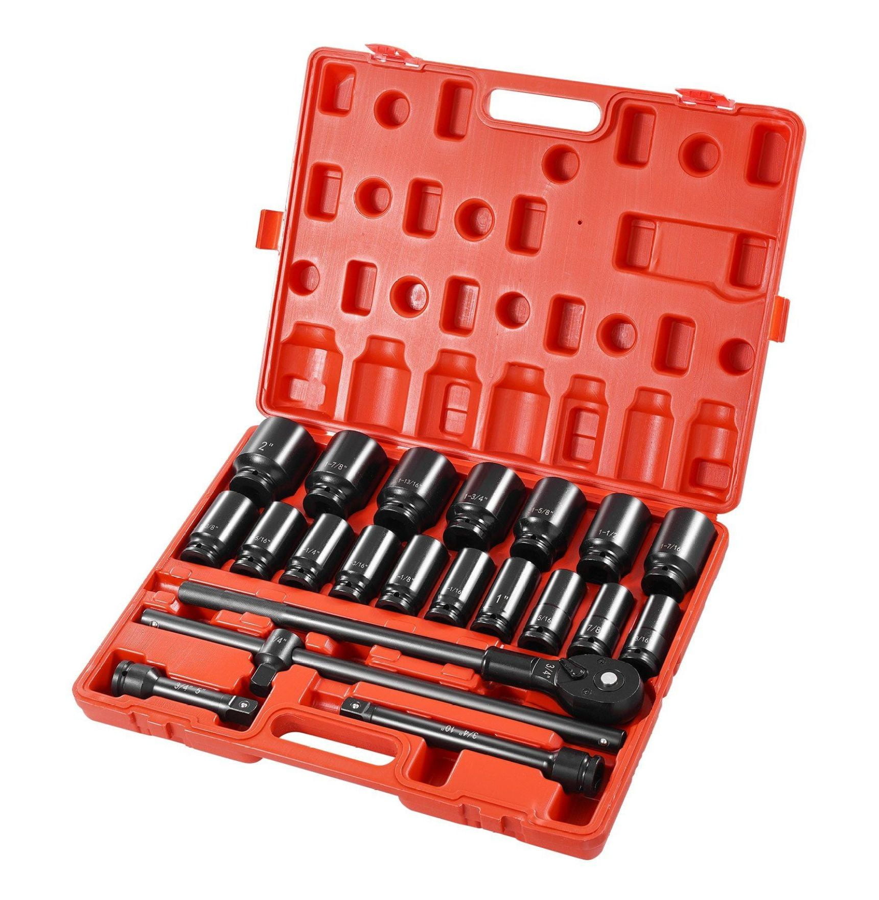 3/4 Inch Drive Impact Socket Set 22 Piece - Deep Socket Wrench Set, SAE Sizes 7/8-2 Inches, with Ratchet & Adapters for Trucks & Heavy Duty Vehicles